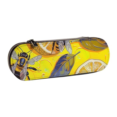 JKSEEPYN Federmäppchen und Make-up-Tasche aus Leder, Motiv: gelbe Zitrone und Biene, stilvoller Organizer für Schule, Büro und Reisen, Schwarz , Einheitsgröße, Schulranzen von JKSEEPYN
