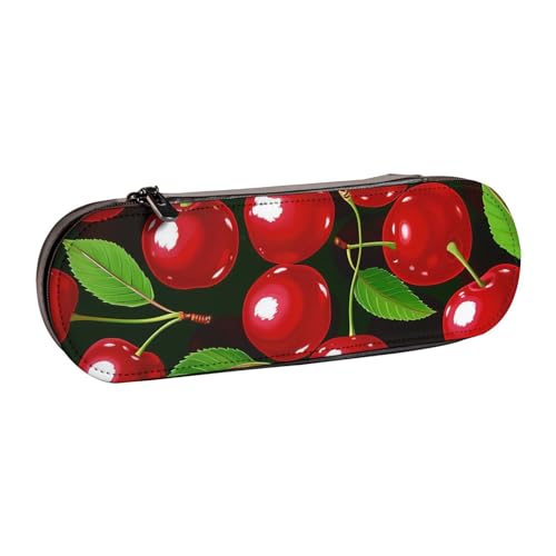 JKSEEPYN Federmäppchen und Make-up-Tasche aus Leder, Motiv: rote Kirschen, stilvoller Organizer für Schule, Büro und Reisen, Schwarz , Einheitsgröße, Schulranzen von JKSEEPYN