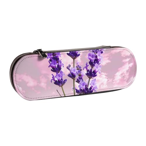 JKSEEPYN Federmäppchen und Make-up-Tasche aus Leder, mit Lavendelblüten-Motiv, stilvoller Organizer für Schule, Büro und Reisen, Schwarz , Einheitsgröße, Schulranzen von JKSEEPYN