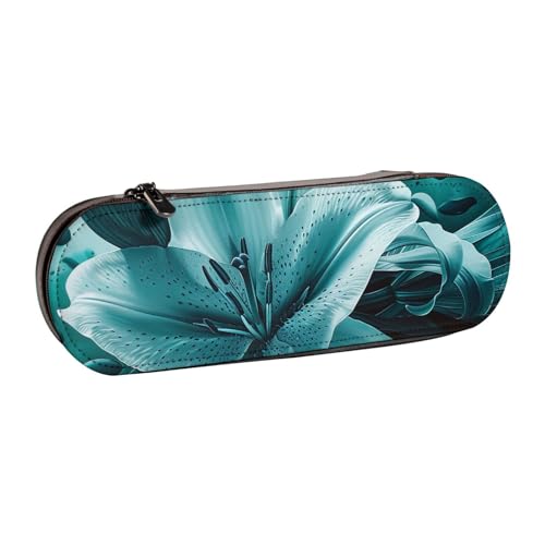 JKSEEPYN Federmäppchen und Make-up-Tasche aus Leder, mit Lilien-Motiv, stilvoller Organizer für Schule, Büro und Reisen, Blaugrün, Schwarz , Einheitsgröße, Schulranzen von JKSEEPYN