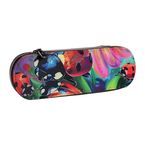 JKSEEPYN Federmäppchen und Make-up-Tasche aus Leder, mit Marienkäfer-Aufdruck, stilvoller Organizer für Schule, Büro und Reisen, Schwarz , Einheitsgröße, Schulranzen von JKSEEPYN