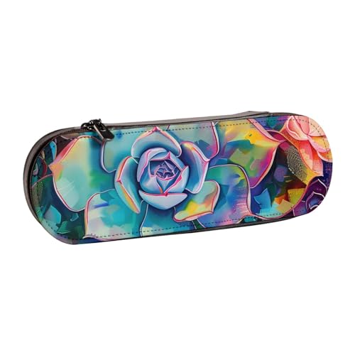 JKSEEPYN Federmäppchen und Make-up-Tasche aus Leder, mit buntem Sukkulenten-Druck, stilvoller Organizer für Schule, Büro und Reisen, Schwarz , Einheitsgröße, Schulranzen von JKSEEPYN