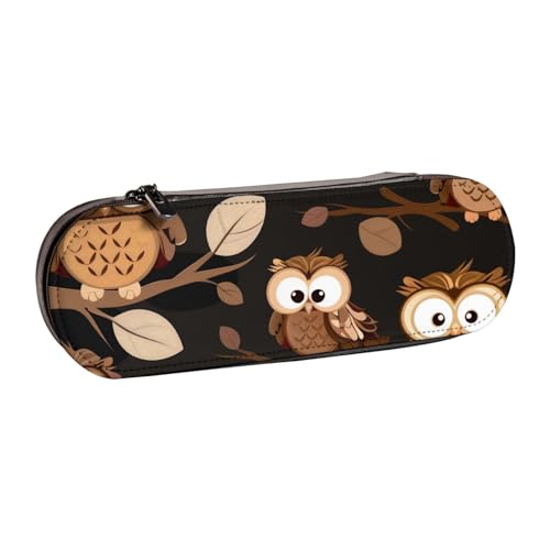 JKSEEPYN Federmäppchen und Make-up-Tasche aus Leder, mit niedlichem Cartoon-Eulen-Motiv, bedruckt, stilvoller Organizer für Schule, Büro und Reisen, Schwarz , Einheitsgröße, Schulranzen von JKSEEPYN