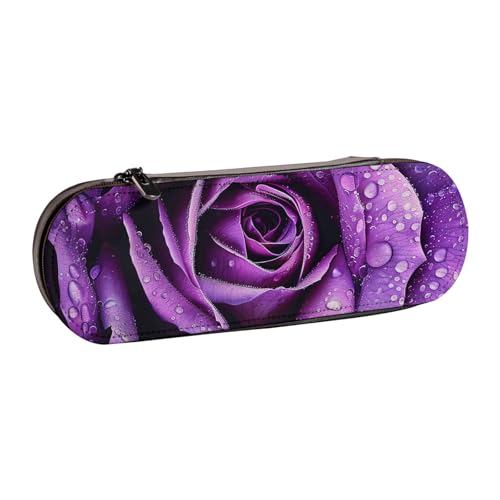 JKSEEPYN Federmäppchen und Make-up-Tasche aus Leder, mit violettem Rosenmuster, stilvoller Organizer für Schule, Büro und Reisen, Schwarz , Einheitsgröße, Schulranzen von JKSEEPYN