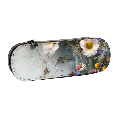 JKSEEPYN Federmäppchen und Make-up-Tasche aus Leder mit Blumen und Schmetterlingen, stilvoller Organizer für Schule, Büro und Reisen, Schwarz , Einheitsgröße, Schulranzen von JKSEEPYN