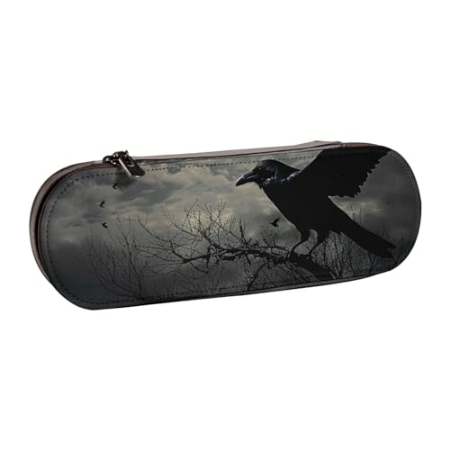 JKSEEPYN Federmäppchen und Make-up-Tasche mit Aufdruck "Night Crow", aus Leder, stilvoller Organizer für Schule, Büro und Reisen, Schwarz , Einheitsgröße, Schulranzen von JKSEEPYN