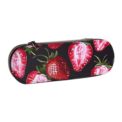 JKSEEPYN Federmäppchen und Make-up-Tasche mit Erdbeermuster, bedrucktes Hartschalenleder, stilvoller Organizer für Schule, Büro und Reisen, Schwarz , Einheitsgröße, Schulranzen von JKSEEPYN