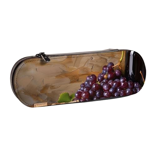JKSEEPYN Federmäppchen und Make-up-Tasche mit Weinflaschenkorken und Trauben, bedrucktes Hartschalen-Leder-Federmäppchen und Make-up-Tasche, stilvoller Organizer für Schule, Büro und Reisen, Schwarz , von JKSEEPYN