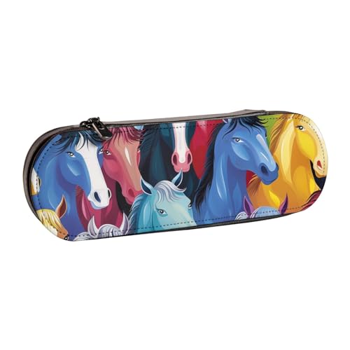 JKSEEPYN Federmäppchen und Make-up-Tasche mit buntem Cartoon-Pferde-Muster, aus Leder, stilvoller Organizer für Schule, Büro und Reisen, Schwarz , Einheitsgröße, Schulranzen von JKSEEPYN