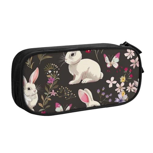 JKSEEPYN Festival Bunny Federmäppchen mit Blumenmuster, schwarz, Make-up-Organizer, doppellagige Reißverschlusstasche mit Stiftfächern und Taschen für Büro, Reisen oder Schule, Schwarz , von JKSEEPYN