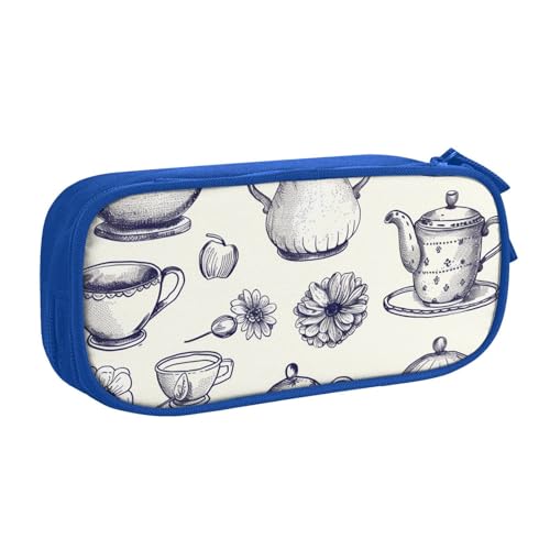 JKSEEPYN Handgezeichnete Teekannen und Tassen, bedrucktes Federmäppchen, schwarz, Make-up-Organizer, doppellagige Reißverschlusstasche mit Stiftfächern und Taschen für Büro, Reisen oder Schule, blau, von JKSEEPYN