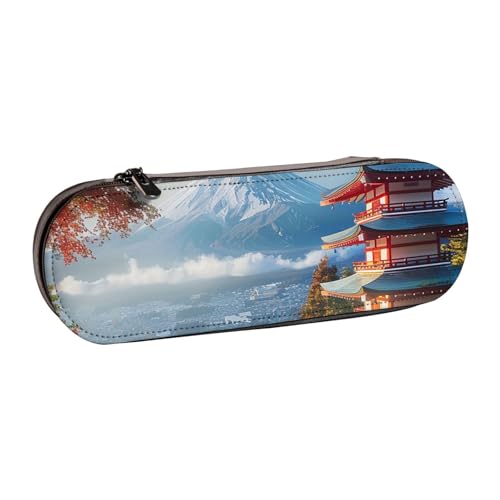 JKSEEPYN Japanisches Federmäppchen und Make-up-Tasche, Motiv: Fuji-Landschaft, bedrucktes Hartschalen-Leder-Federmäppchen und Make-up-Tasche, stilvoller Organizer für Schule, Büro und Reisen, Schwarz von JKSEEPYN