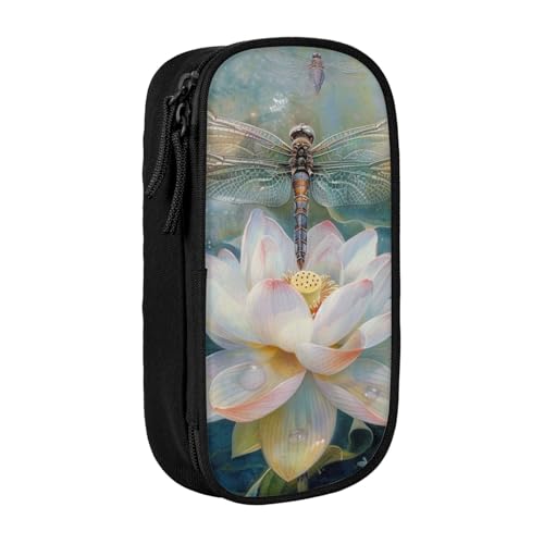 JKSEEPYN Libellen-Lotus-bedrucktes doppellagiges Federmäppchen, schwarz, großes Fassungsvermögen, niedliches Stifteetui für Schule, Büro, Reisen oder Make-up-Organizer, Schwarz , Einheitsgröße, von JKSEEPYN