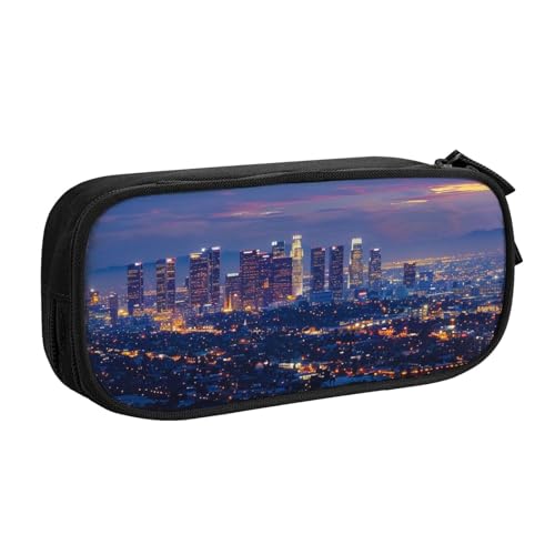 JKSEEPYN Los Angeles Skyline bedrucktes Federmäppchen, schwarz, Make-up-Organizer, doppellagige Reißverschlusstasche mit Stiftfächern und Taschen, für Büro, Reisen oder Schule, Schwarz , von JKSEEPYN