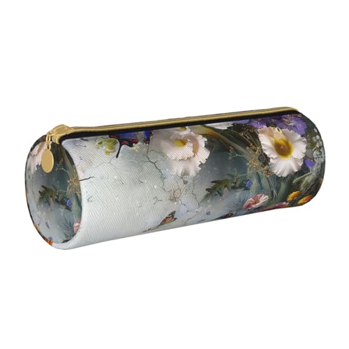 JKSEEPYN Lustiges Federmäppchen aus Leder mit niedlichem Dinosaurier-Raketen-Motiv, für Studenten, Mädchen, Jungen, rund, Schreibwaren, Organizer, Make-up-Tasche für Schule, Büro, Reisen, Blumen und von JKSEEPYN