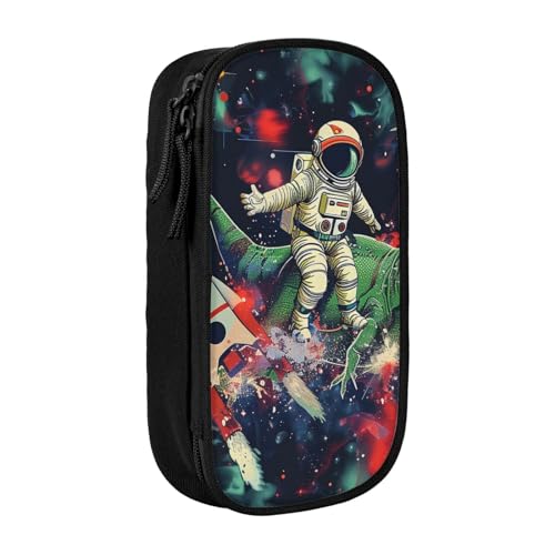 JKSEEPYN Lustiges Federmäppchen mit Astronauten-Dinosaurier-Raketen-Druck, doppellagig, schwarz, großes Fassungsvermögen, niedliches Stifteetui für Schule, Büro, Reisen oder Make-up-Organizer, Schwarz von JKSEEPYN