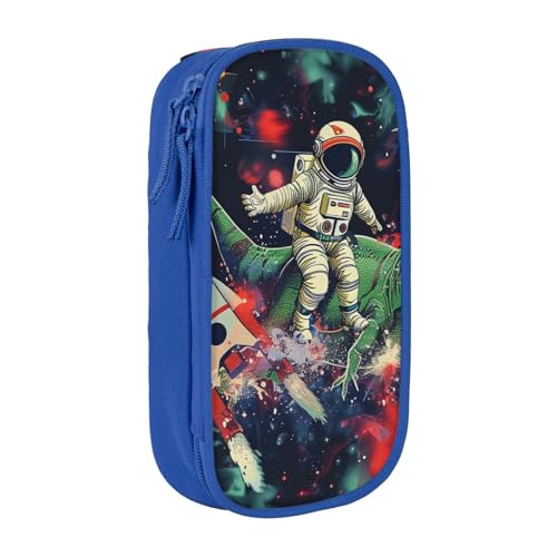 JKSEEPYN Lustiges Federmäppchen mit Astronauten-Dinosaurier-Raketen-Druck, doppellagig, schwarz, großes Fassungsvermögen, niedliches Stifteetui für Schule, Büro, Reisen oder Make-up-Organizer, blau, von JKSEEPYN