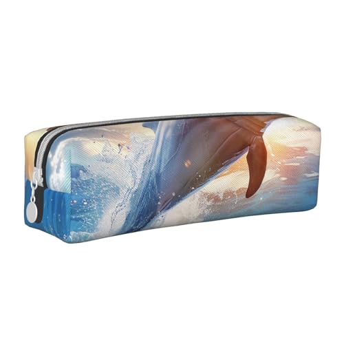 JKSEEPYN Lustiges Federmäppchen mit Delfin-Druck, Leder, Reißverschluss, minimalistisch, ultradünn, für die Schule, Kosmetiktasche, weiß, Einheitsgröße, Taschen-Organizer von JKSEEPYN