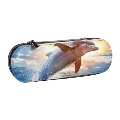 JKSEEPYN Lustiges Federmäppchen und Make-up-Tasche aus Leder, mit Delfin-Aufdruck, stilvoller Organizer für Schule, Büro und Reisen, Schwarz , Einheitsgröße, Schulranzen von JKSEEPYN