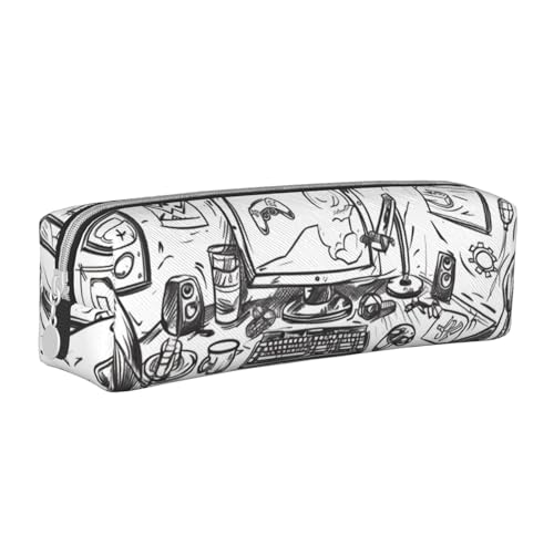 JKSEEPYN Monochromes Federmäppchen im Skizzenstil, Gaming, bedrucktes Leder-Federmäppchen für Studenten, Mädchen, Jungen, einfacher Schreibwaren-Organizer, Make-up-Tasche für Schule, Büro, Reisen von JKSEEPYN