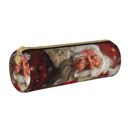 JKSEEPYN Northern Lights Malerei bedrucktes Leder-Federmäppchen für Studenten, Mädchen, Jungen, rund, Schreibwaren-Organizer, Make-up-Tasche für Schule, Büro, Reisen, Frohe Weihnachten Weihnachtsmann von JKSEEPYN