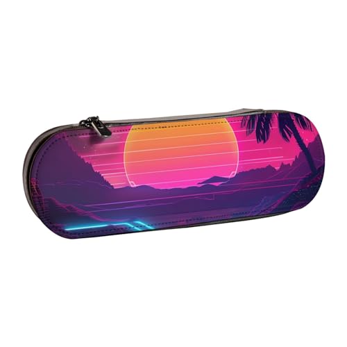 JKSEEPYN Retrowave Federmäppchen und Make-up-Tasche mit Bildern, bedrucktes Hartschalenleder, stilvoller Organizer für Schule, Büro und Reisen, Schwarz , Einheitsgröße, Schulranzen von JKSEEPYN
