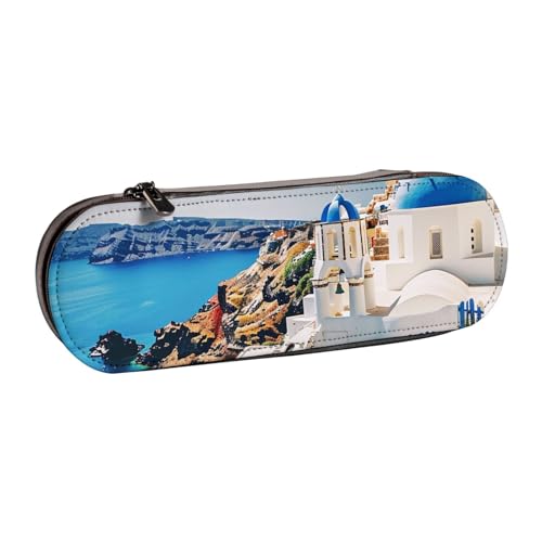 JKSEEPYN Santorini Federmäppchen und Make-up-Tasche, Motiv: griechische Insel mit Meerblick, aus Leder, stilvoller Organizer für Schule, Büro und Reisen, Schwarz , Einheitsgröße, Schulranzen von JKSEEPYN