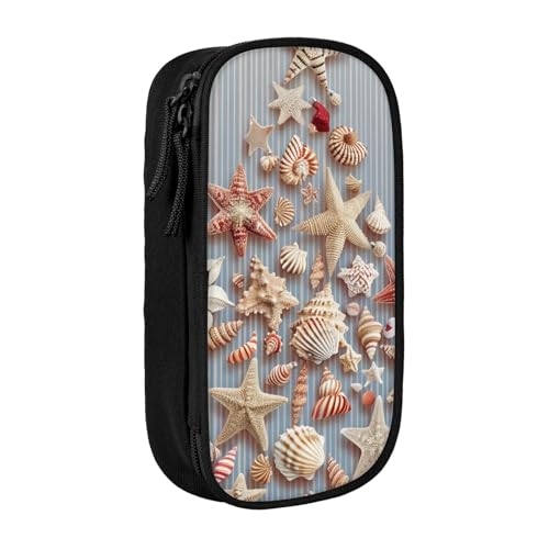 JKSEEPYN Seashell Weihnachten bedrucktes doppelschichtiges Federmäppchen, schwarz, großes Fassungsvermögen, niedliches Stifteetui für Schule, Büro, Reisen oder Make-up-Organizer, Schwarz , von JKSEEPYN