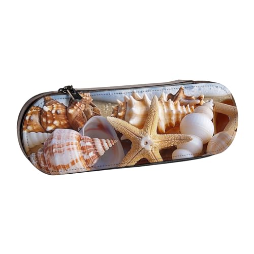 JKSEEPYN Shells on the Beach Federmäppchen und Make-up-Tasche, bedrucktes Hartschalenetui aus Leder, stilvoller Organizer für Schule, Büro und Reisen, Schwarz , Einheitsgröße, Schulranzen von JKSEEPYN