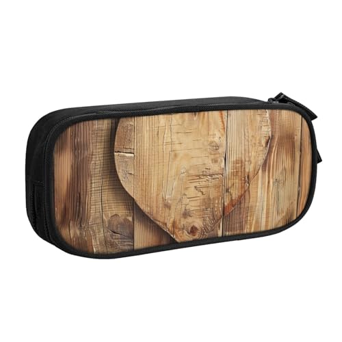 JKSEEPYN Stifteetui mit Holzherz, schwarz, Make-up-Organizer, doppellagige Reißverschlusstasche mit Stiftfächern und Taschen für Büro, Reisen oder Schule, Schwarz , Einheitsgröße, Schulranzen von JKSEEPYN