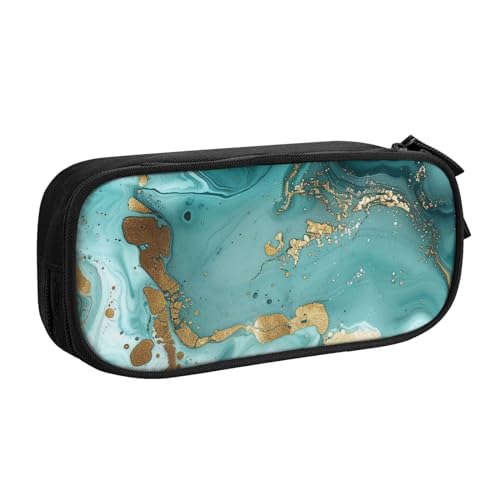 JKSEEPYN Stifteetui mit Marmor-Aufdruck, Make-up-Organizer mit doppellagigem Reißverschluss, mit Stiftfächern und Taschen, für Büro, Reisen oder Schule, Blaugrün und goldfarben, Schwarz , von JKSEEPYN