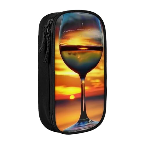 JKSEEPYN Sunset Wine Glass Printed Double Layer Pencil Case, Black Large Capacity Cute Pen Pencil Pouch for School, Office, Travel, or Makeup Organizer, Schwarz , Einheitsgröße, Schulranzen von JKSEEPYN