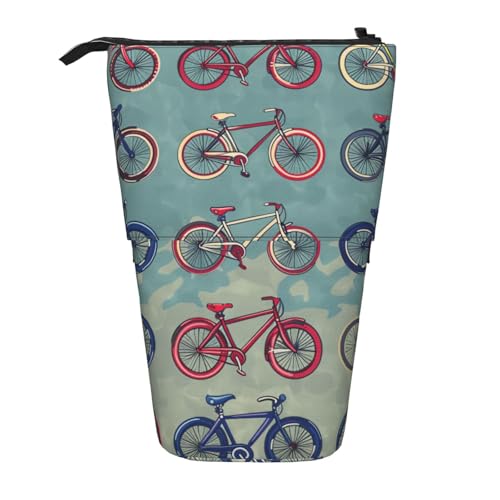 JKSEEPYN Teleskop-Federmäppchen, Federmäppchen, Strand, Sonnenuntergang, Ozean, niedlicher Bleistift-Organizer, tragbares Federmäppchen für Schule, Büro, Reisen, Cartoon-Fahrräder, Radfahren von JKSEEPYN