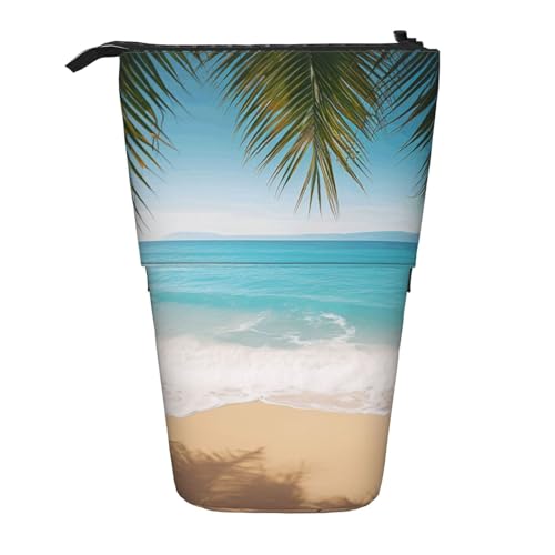 JKSEEPYN Teleskop-Federmäppchen, Federmäppchen, Strand, Sonnenuntergang, Ozean, niedlicher Bleistift-Organizer, tragbares Federmäppchen für Schule, Büro, Reisen, Ocean Sea Beach Palmblätter von JKSEEPYN