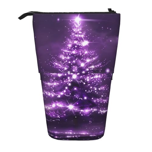 JKSEEPYN Teleskop-Federmäppchen, Federmäppchen, Strand, Sonnenuntergang, Ozean, niedlicher Bleistift-Organizer, tragbares Federmäppchen für Schule, Büro, Reisen, Violetter Weihnachtsbaum von JKSEEPYN