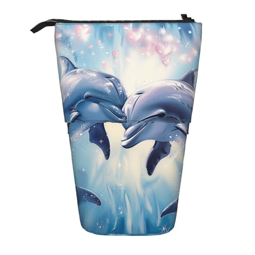 JKSEEPYN Teleskop-Federmäppchen, Federtasche, Feuerwerk, amerikanische Flagge, 4. Juli, niedlicher Bleistift-Organizer, tragbares Federmäppchen für Schule, Büro, Reisen, Delfine in Love 1 von JKSEEPYN