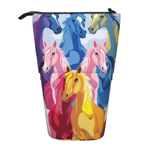 JKSEEPYN Teleskop-Federmäppchen, Federtasche, Feuerwerk, amerikanische Flagge, 4. Juli, niedlicher Bleistift-Organizer, tragbares Federmäppchen für Schule, Büro, Reisen, Niedliche Cartoon-Pferde von JKSEEPYN