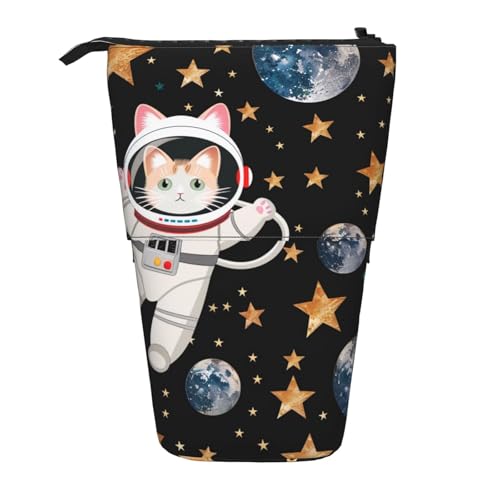 JKSEEPYN Teleskop-Federmäppchen, Federtasche, Feuerwerk, amerikanische Flagge, 4. Juli, niedlicher Bleistift-Organizer, tragbares Federmäppchen für Schule, Büro, Reisen, Niedliche Katzen-Astronaut von JKSEEPYN