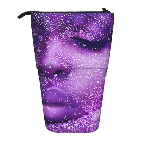 JKSEEPYN Teleskop-Federmäppchen, Frauengesicht mit violettem Glitzer-Druck, niedlicher Bleistift-Organizer, tragbares Federmäppchen für Schule, Büro, Reisen, Frauengesicht mit violettem Glitzer von JKSEEPYN