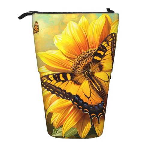 JKSEEPYN Teleskop-Federmäppchen, Frauengesicht mit violettem Glitzer-Druck, niedlicher Bleistift-Organizer, tragbares Federmäppchen für Schule, Büro, Reisen, Sonnenblume Schmetterling Sonne von JKSEEPYN