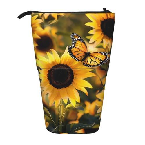 JKSEEPYN Teleskop-Federmäppchen, Frauengesicht mit violettem Glitzer-Druck, niedlicher Bleistift-Organizer, tragbares Federmäppchen für Schule, Büro, Reisen, Sonnenblumen, blühende Blumen, Pflanzen von JKSEEPYN