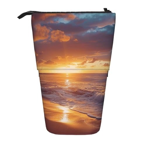 JKSEEPYN Teleskop-Federmäppchen, Frauengesicht mit violettem Glitzer-Druck, niedlicher Bleistift-Organizer, tragbares Federmäppchen für Schule, Büro, Reisen, Sonnenuntergang Strand, Einheitsgröße von JKSEEPYN