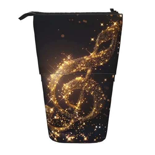 JKSEEPYN Teleskop-Federmäppchen, Stiftetasche, Gothic-Rosen-Drucke, niedlicher Bleistift-Organizer, tragbares Federmäppchen für Schule, Büro, Reisen, Goldene Musiknote mit gefallenem glänzendem Stern von JKSEEPYN