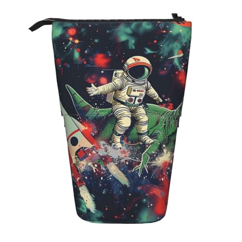 JKSEEPYN Teleskop-Federmäppchen, Stiftetasche, Gothic-Rosen-Drucke, niedlicher Bleistift-Organizer, tragbares Federmäppchen für Schule, Büro, Reisen, Lustiger Astronauten-Dinosaurier-Rakete von JKSEEPYN