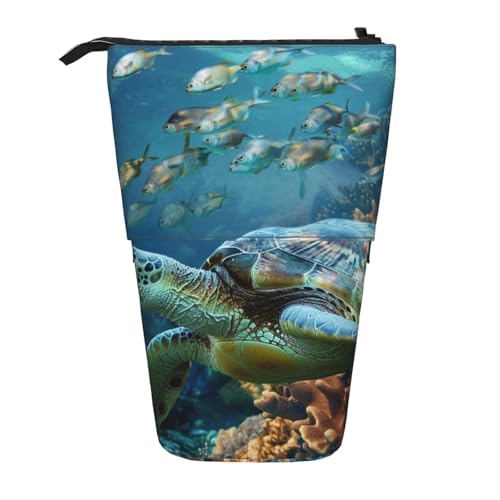 JKSEEPYN Teleskop-Federmäppchen, Stiftetasche, Totenkopf-Yoga-Drucke, niedlicher Bleistift-Organizer, tragbares Federmäppchen für Schule, Büro, Reisen, Meeresschildkröte mit Fischen, Einheitsgröße von JKSEEPYN