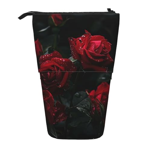 JKSEEPYN Teleskop-Federmäppchen, Stiftetasche, Totenkopf-Yoga-Drucke, niedlicher Bleistift-Organizer, tragbares Federmäppchen für Schule, Büro, Reisen, Rote Rosen, Einheitsgröße, Schulranzen von JKSEEPYN