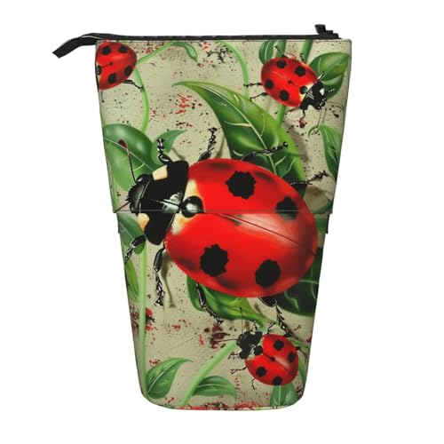 JKSEEPYN Teleskop-Federmäppchen, Stiftetasche, Totenkopf-Yoga-Drucke, niedlicher Bleistift-Organizer, tragbares Federmäppchen für Schule, Büro, Reisen, Roter Marienkäfer, Einheitsgröße, Schulranzen von JKSEEPYN