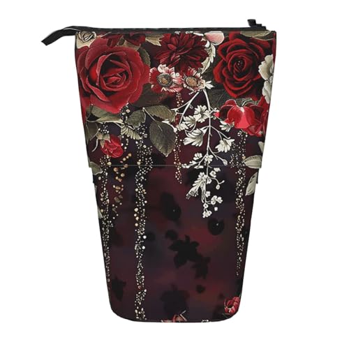 JKSEEPYN Teleskop-Federmäppchen, Stiftetasche, tropisches Strand-Pflanzen-Thema, niedlicher Bleistift-Organizer, tragbares Federmäppchen für Schule, Büro, Reisen, Rose, Blumenmuster, Einheitsgröße von JKSEEPYN