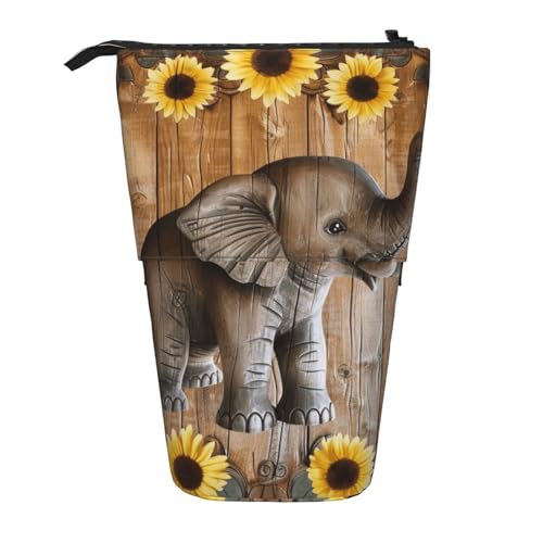 JKSEEPYN Teleskop-Federmäppchen, Stiftetasche, tropisches Strand-Pflanzen-Thema, niedlicher Bleistift-Organizer, tragbares Federmäppchen für Schule, Büro, Reisen, Sonnenblumen-Elefant Holzboden von JKSEEPYN