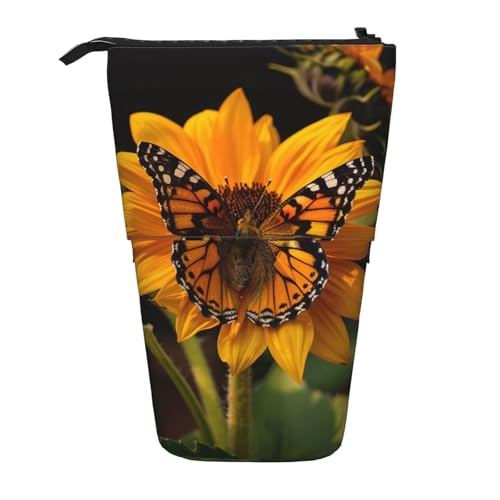 JKSEEPYN Teleskop-Federmäppchen, Stiftetasche, tropisches Strand-Pflanzen-Thema, niedlicher Bleistift-Organizer, tragbares Federmäppchen für Schule, Büro, Reisen, Sonnenblumen-Schmetterling von JKSEEPYN